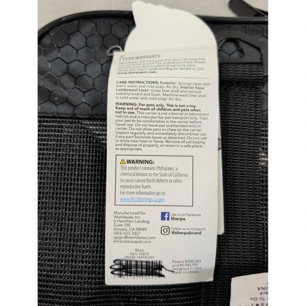Sherpa Carrier To Go Medium Black Pet Travel Bag Airline‎ Approved 16810